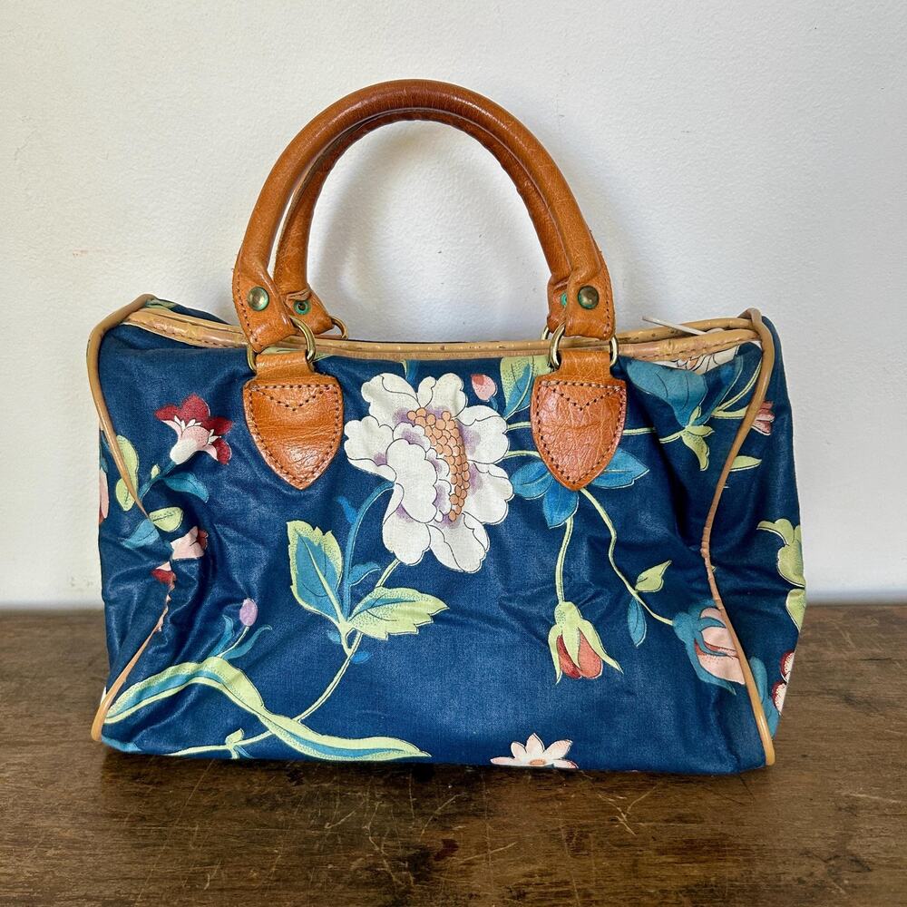Vintage Blue Chinoiserie Satchel with Leather Top Handles | Patterned Floral